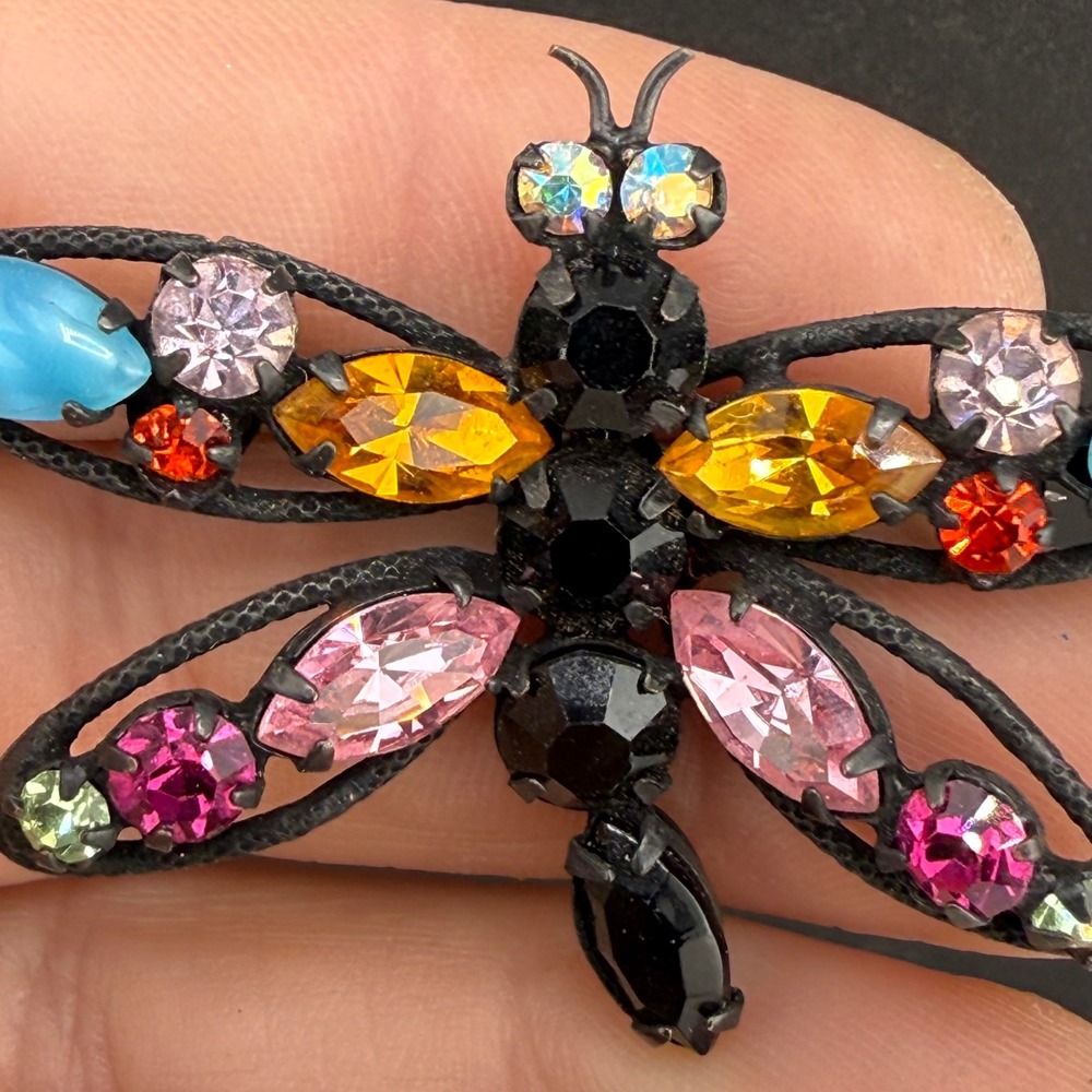 Vintage Regency Dragonfly Brooch  Rhinestone Black Japanned